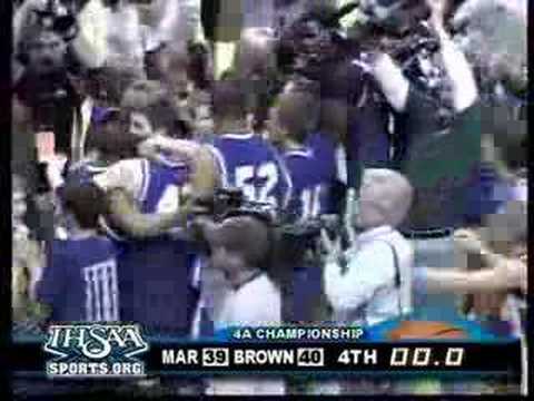 From 3.22.08 - from IHSAASports.org webcast / Brownsburg vs. Marion in Indiana High School Athletic Association 4A State Finals at Conseco Fieldhouse in Indianpolis - largest class (1A, 2A, 3A, 4A) championship. Marion had won numerous state titles in boys basketball, Brownsburg none. Marion had taken a 39-38 lead on a three-pointerer with 2.1 seconds left. Announcers are Mark Jaynes (also heard on Indy Racing League Radio Network) and Pete Smith (HS Coach in Indiana).