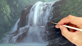 Waterfall painting tutorial  how to paint a realistic waterfall and foliage