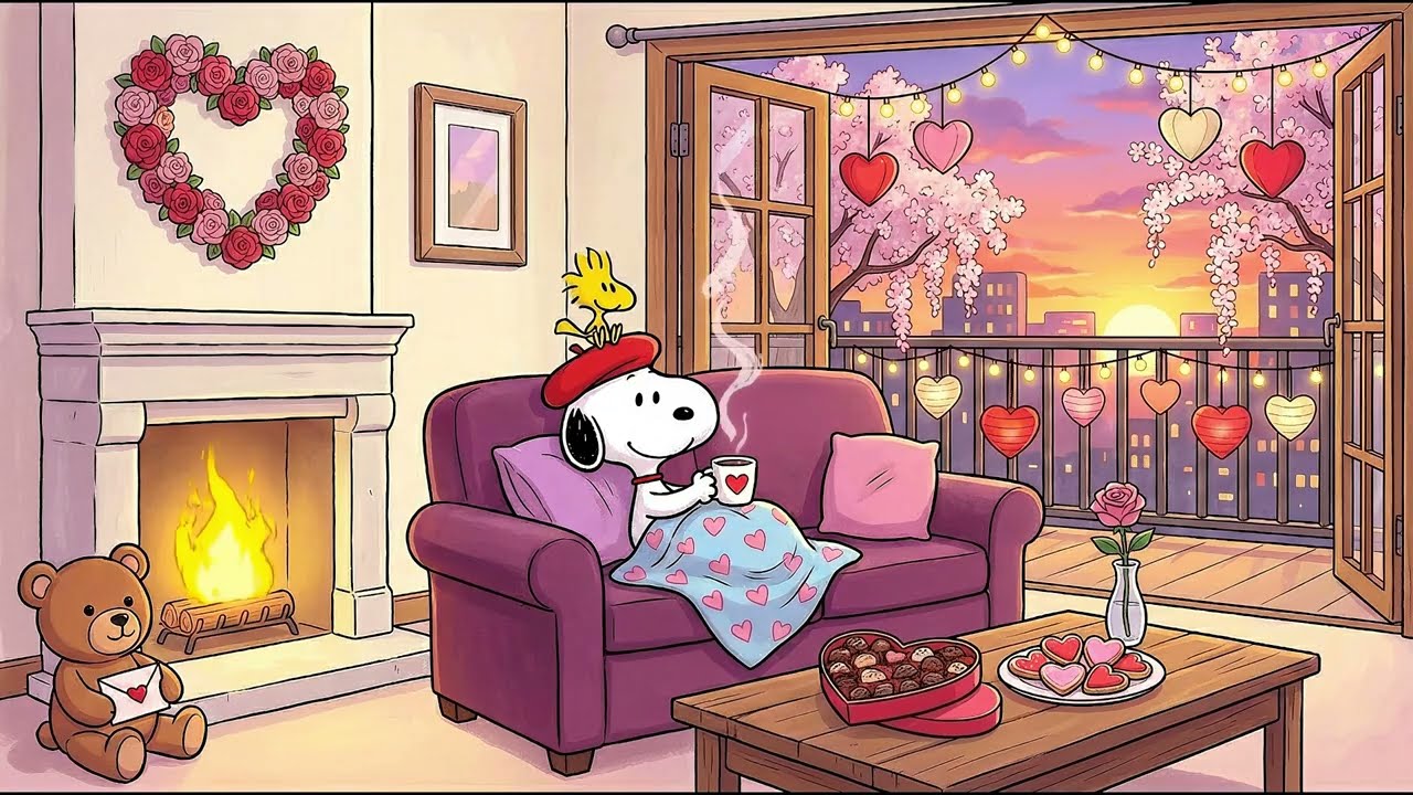 🌹 A Peaceful Valentine Night with Snoopy 🎷 Soft Love Jazz & Warm Fireplace