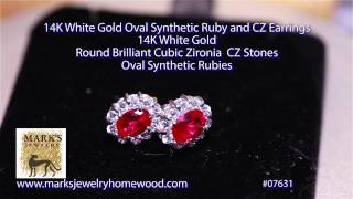 14K White Gold Oval Synthetic Ruby and CZ Earrings #07631