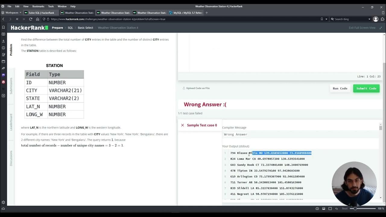 Weather Observation Station 4 SQL Basic Select Exercício de