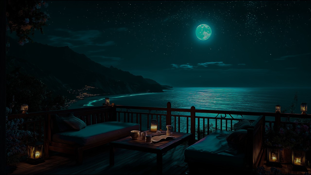 No Ads • Moonlit Coastal Terrace at Midnight 🌙 Calm Piano for Deep Rest | 1 Hour