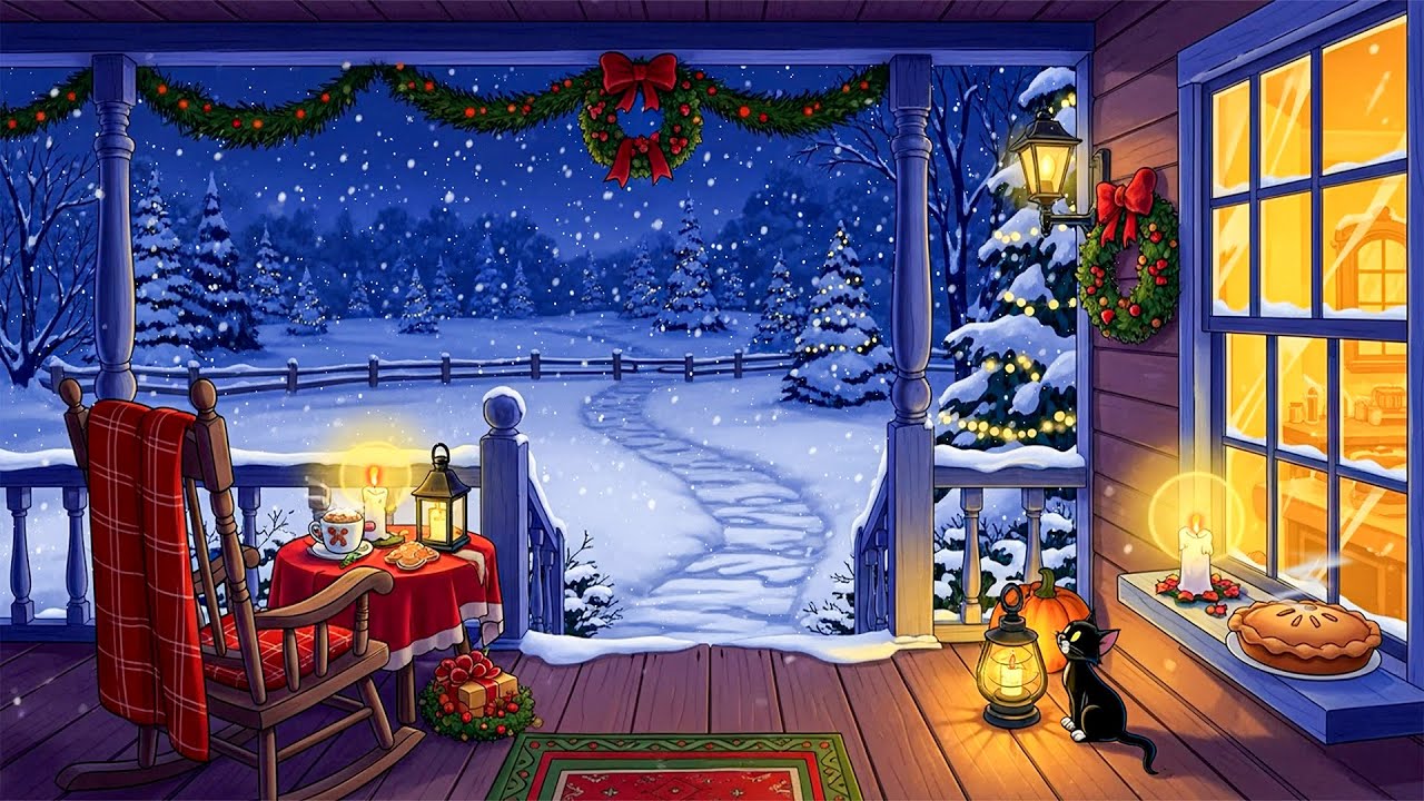 1950s Snowy Night Ambience on a Cozy Winter Porch Nook | Classic Oldies in Another Room