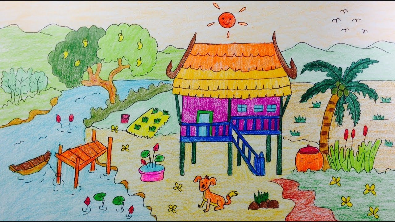 Drawing  thai house cartoon บ้านทรงไทย  วาดบ้านเรือนไทย  บ้านการ์ตูน