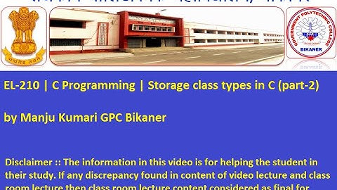 EL-210|ME-210| C Programming | Storage class types in C (part-2) by Manju Kumari GPC Bikaner