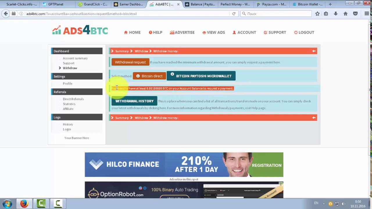 Вывод средств 10/11/16 - буксы grandclick, scarlet-clicks, gptplanet, btcclicks, ads4btc