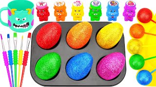 Satisfying Video l How to make Rainbow Lollipop Candy and Glitter Eggs into Playdoh Cutting ASMR