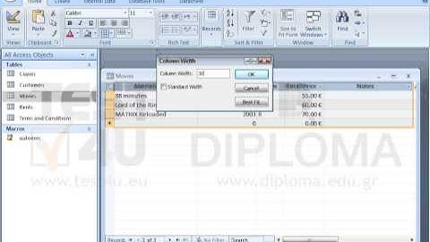 In datasheet view, set the width of all columns of the Movies table to 30pt. Save and close the...