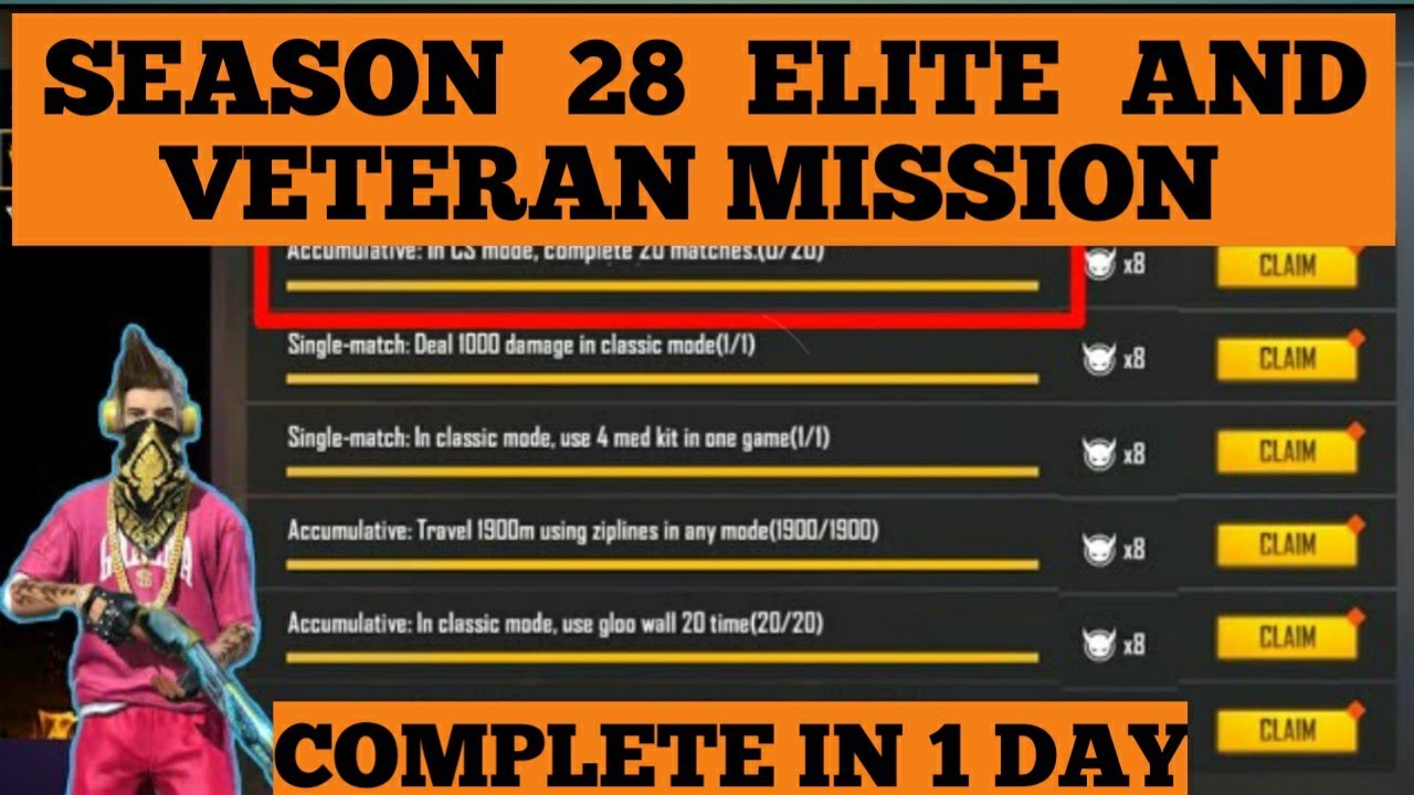 FREE FIRE SEASON 28 ELITE AND VETERAN  MISSION FULL DETAILS | HOW TO COMPLETE SEASON 28 ALL MISSION