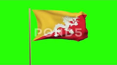 Bhutan Flag With Cloud Waving In The Wind. Green Screen, Alpha Matte. Loopable
