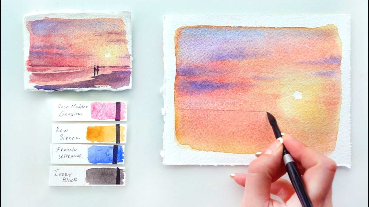 Pink Sunset. Watercolor tutorial.