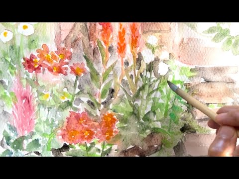 水彩画]秋の花が咲く小道を描く/watercolorpainting/制作過程