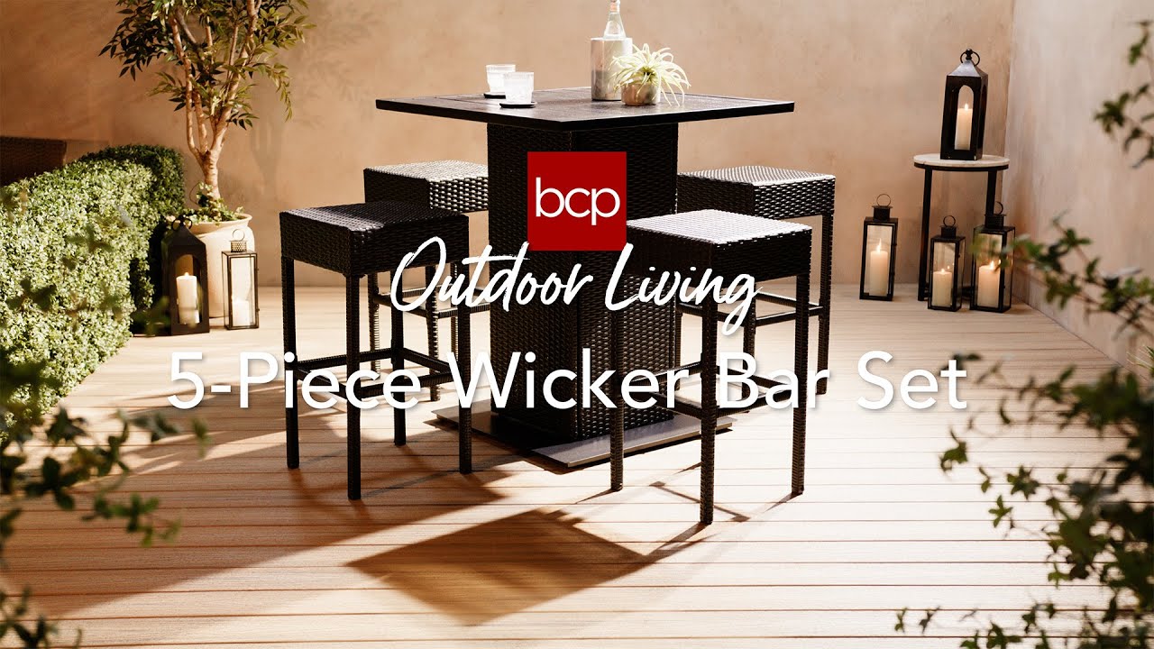 5-Piece Wicker Bar Set w/ 4 Stools, Built-In Bottle Opener, Hidden