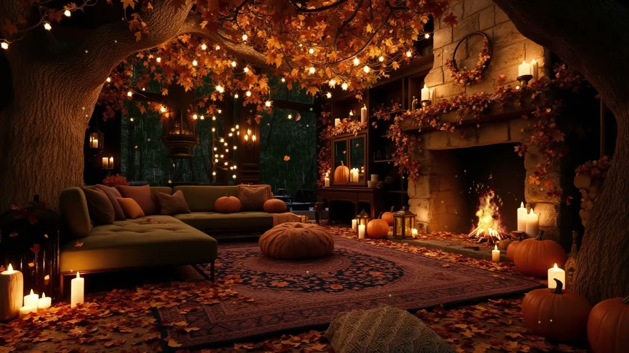 Pumpkin Autumn Glow 🍂 Rainy Evening Porch, Jazz & Fire Sounds for Sleep & Tranquility