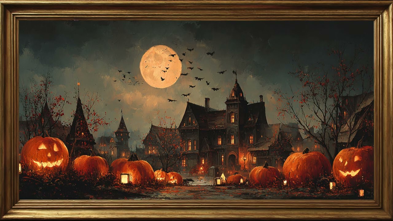 Haunted Pumpkin Village Screensaver 🌕 | Vintage Halloween Frame TV Art 4K – Cozy Spooky Ambience
