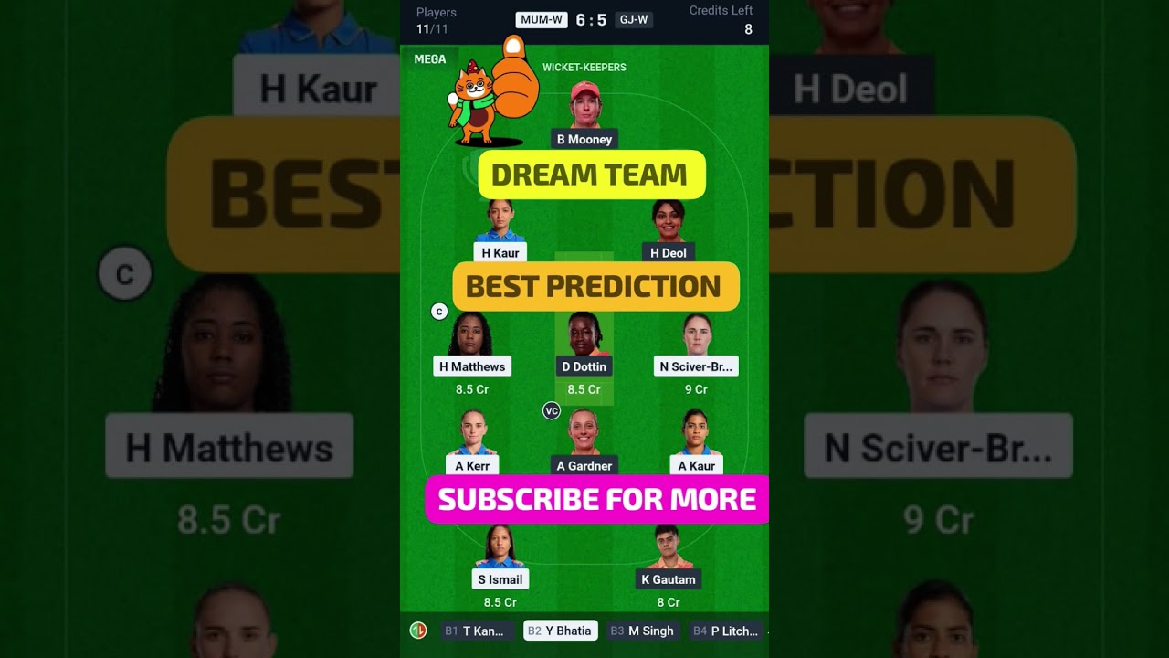 MUM W vs GJ W Today Match Prediction ! Mumbai Indians Woman vs Gujarat Giants Woman Dream Team ! WPL