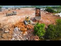 Awesome Powerful Machines At Land Reclamation Process Bulldozer Move Rock Stone, Dump Truck Dumping