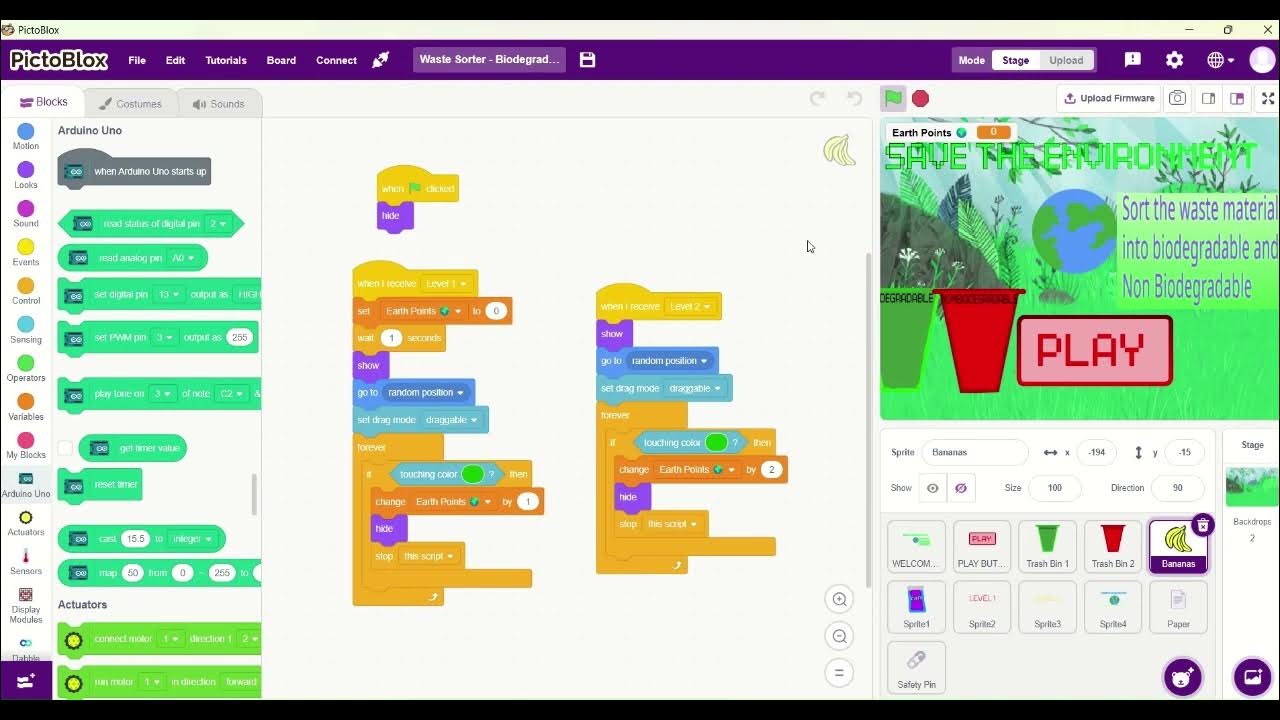 Waste sorter game in pictoblox codeavour project 2022 theme save
