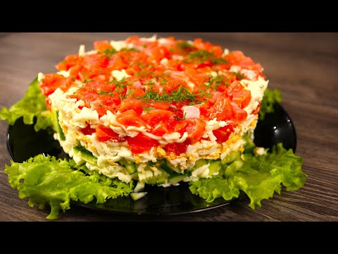 Festive salad "Women's Weakness" with red fish: a light, layered, win-win recipe