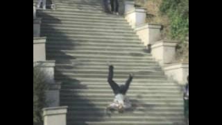 Toben falling down steps.