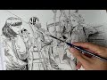 Drawing a bus scene with brush and ink (free hand, Timelapse)
