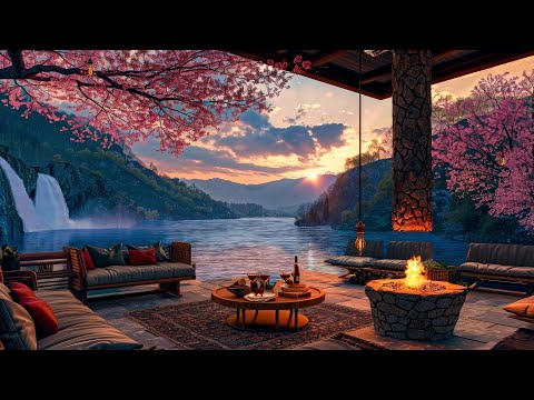 Soothing Jazz Piano Music for Sleep, Relaxation 🌺 Spring Cozy Terrace Ambience with Porch Fireplace