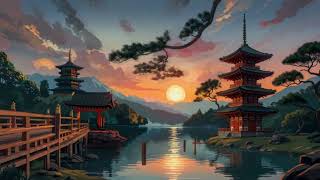 Serene Japanese Pagoda Temple Sunset Lake Loop 4K | Free No Copyright