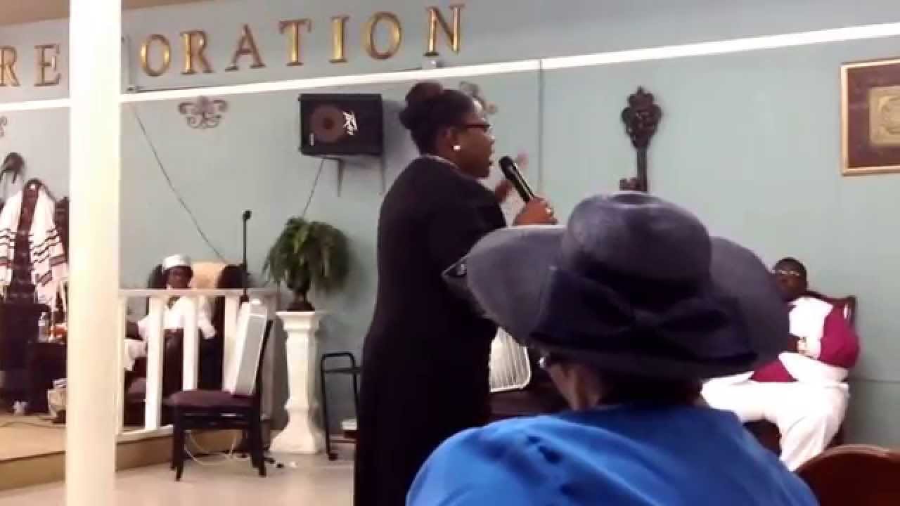 Minister Latoya Andrews from Statesboro Deliverance Church speaking at Restoration Temple