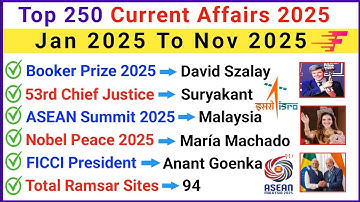 Top 250 Most Important Current Affairs 2025 | Last 11 Months Current Affairs 2025 | Current GK 2025