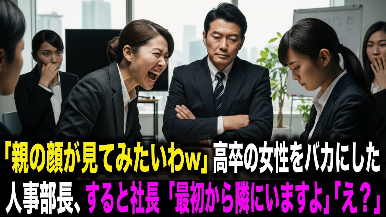 【スカッとする話】「低学歴は不採用w親の顔が見てみたいわw」最終面接で高卒の女性をバカにした女性の人事部長。すると社長「最初から隣にいますよ」人事部長「え？」
