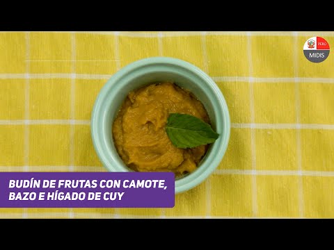 Budin de fruta con camote, bazo e hígado de cuy