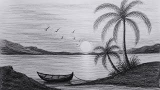 How to Draw a Beautiful Lake Sunset Scenery | Easy Pencil Drawing for Beginners