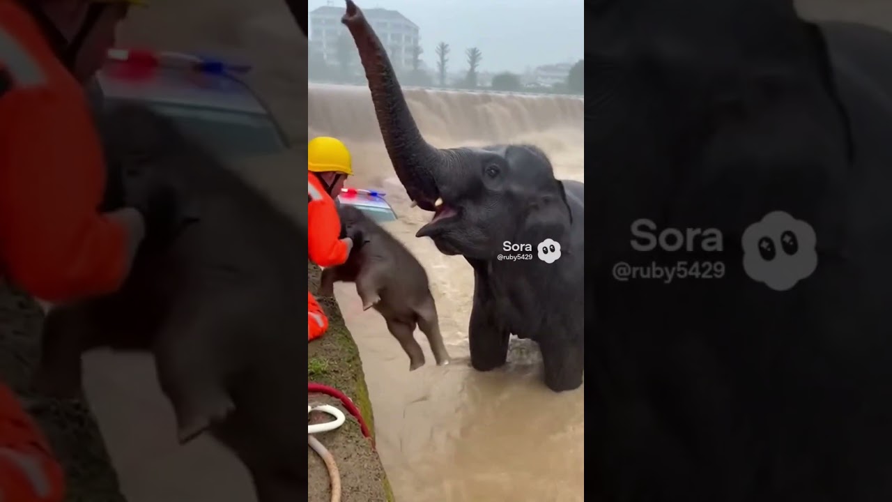 Elephant Mom's Flood Wall Leap: Rescue Team Catches Calf From Torrent! 😱 