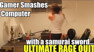 Angry Man Smash Computer with samurai sword