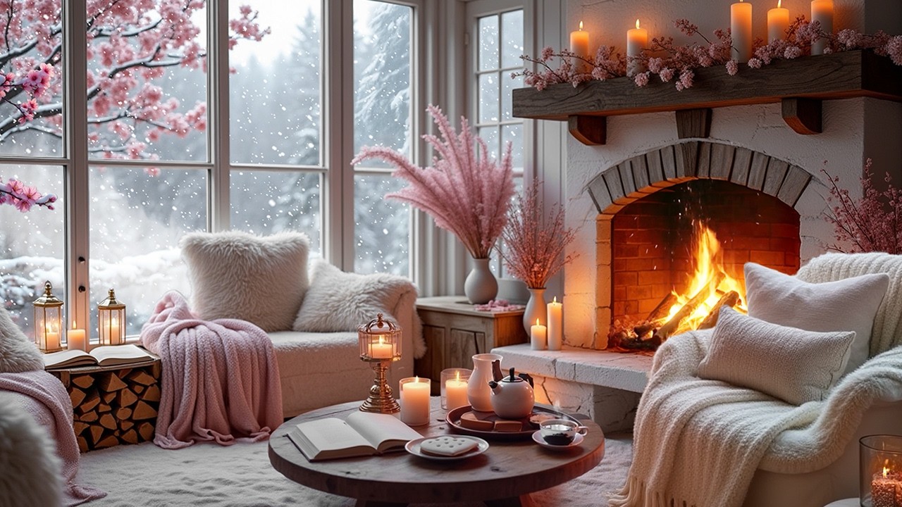 Cozy Winter Blossom Cabin 🌸🔥 Soft Fireplace, Tea & Books | Romantic Relax Ambience ❄️✨