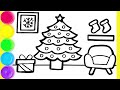 How to draw a christmas tree  roasted turkey ornaments and house  drawing tutorial art