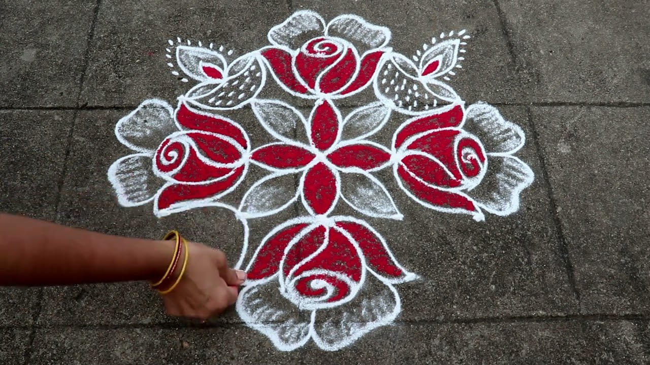 Simple Rose Flower Rangoli Designs 5x3x3 Dots Rose Flower Kolam | Ugadi Special Rose Muggulu