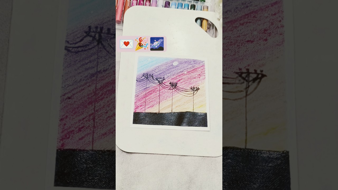 Oil pastel drawing, night sky, tree pink colour, beautiful drawing, easy tutorial Step by Step