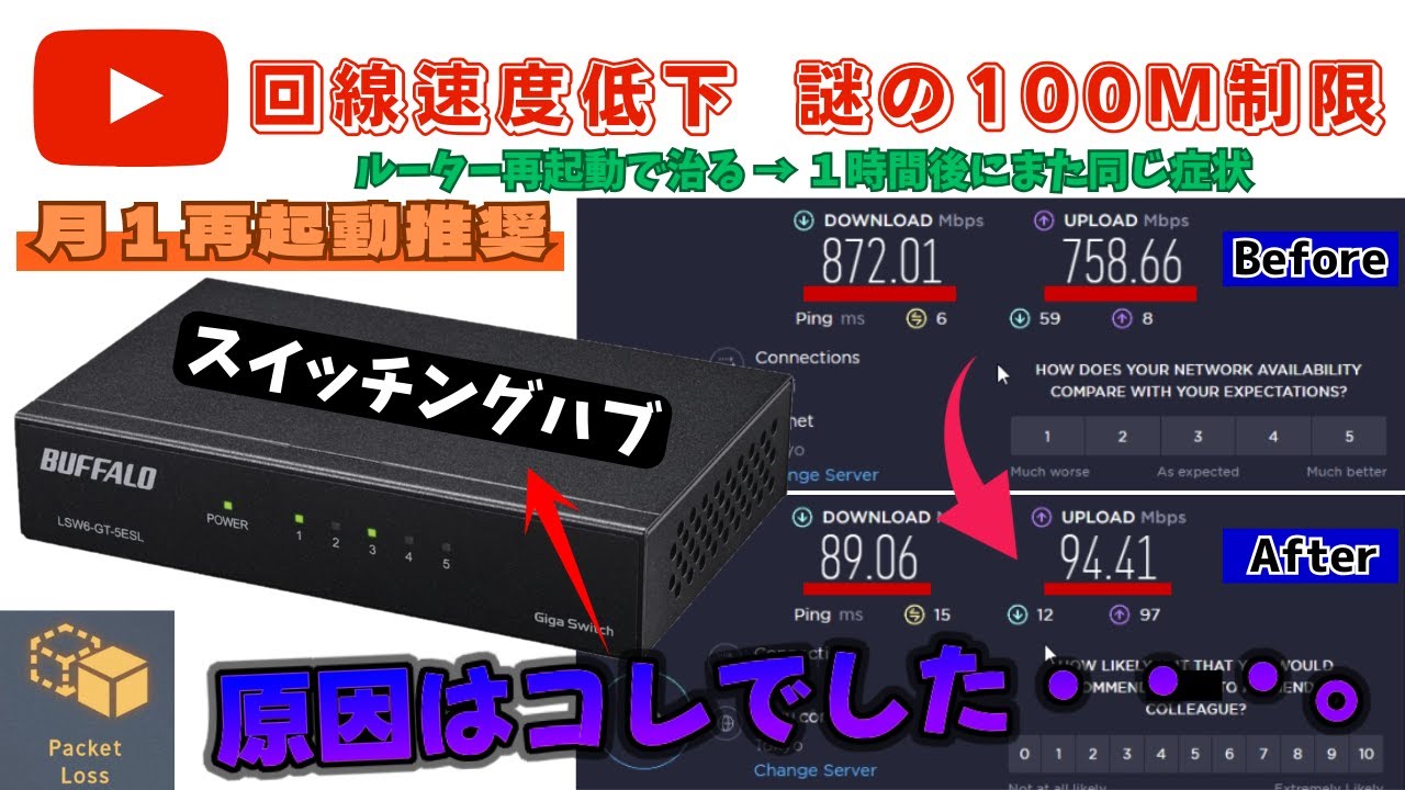 【インターネット】『回線速度低下　謎の100M制限』原因はコレでした・・・。《月１の再起動推奨》