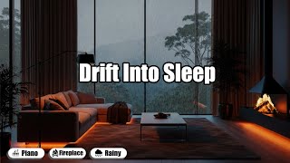 Heavy Rain ASMR with Soft Piano and Cozy Fireplace for Deep Sleep and Stress Relief