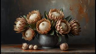 King Protea Floral Still Life | Luxury Botanical TV Frame Art for Elegant Ambient Interiors