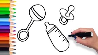 How to Draw Baby Bottle Rattle Pacifier  | Teach Drawing for Kids Toddlers Coloring Page Video