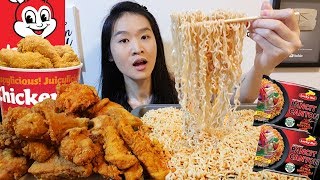 FILIPINO NOODLES! Pancit Canton & Jollibee Chicken Joy Spicy Fried Chicken | Mukbang w Eating Sounds