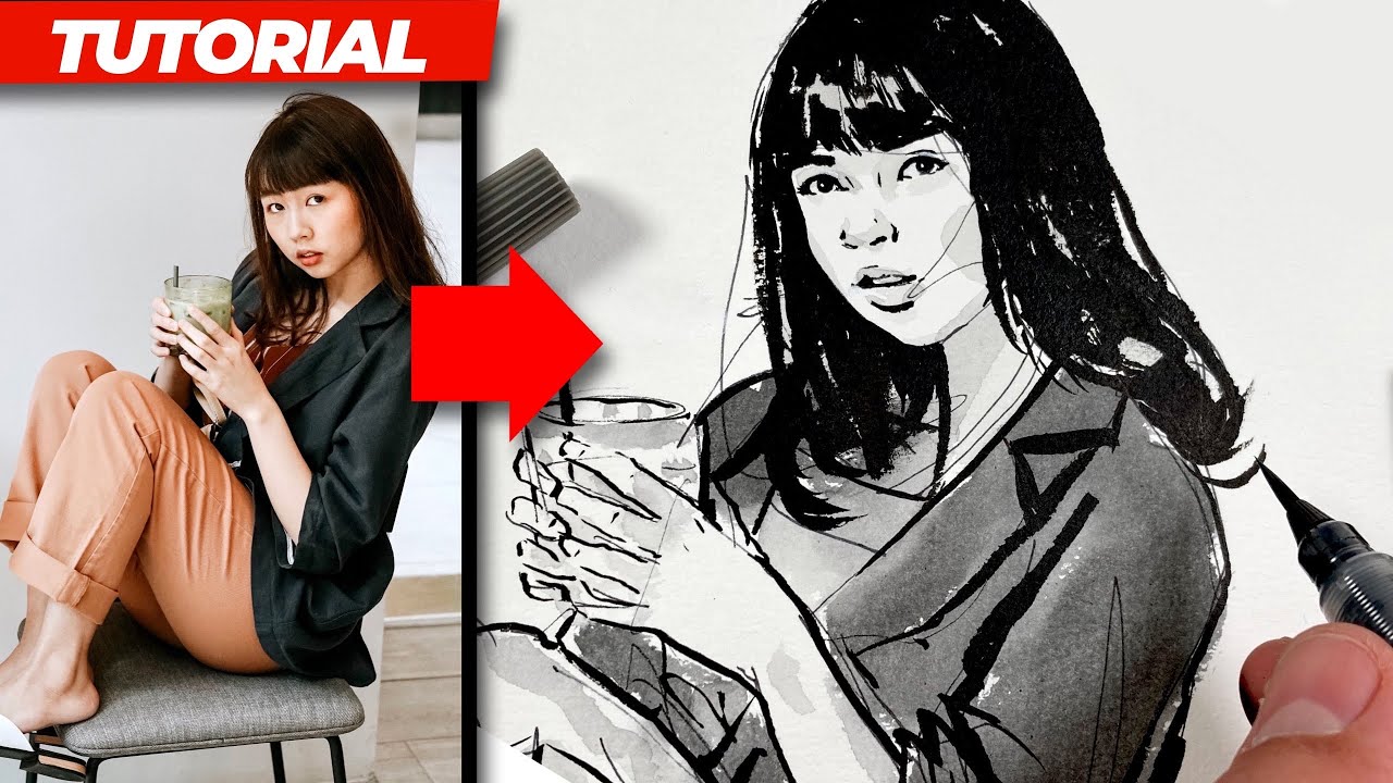 DRAWING TUTORIAL Fine liner & Brush Pen REFERENCE PROCESS YouTube