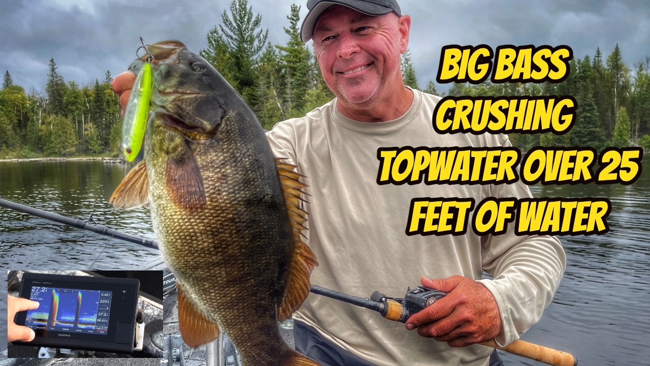 BIG BASS CRUSHING TOPWATER OVER 25 FEET DEEP!