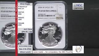 2002, 2003, 2004 Silver Eagle Proof in Certified NGC 69 (W Mint Proof)