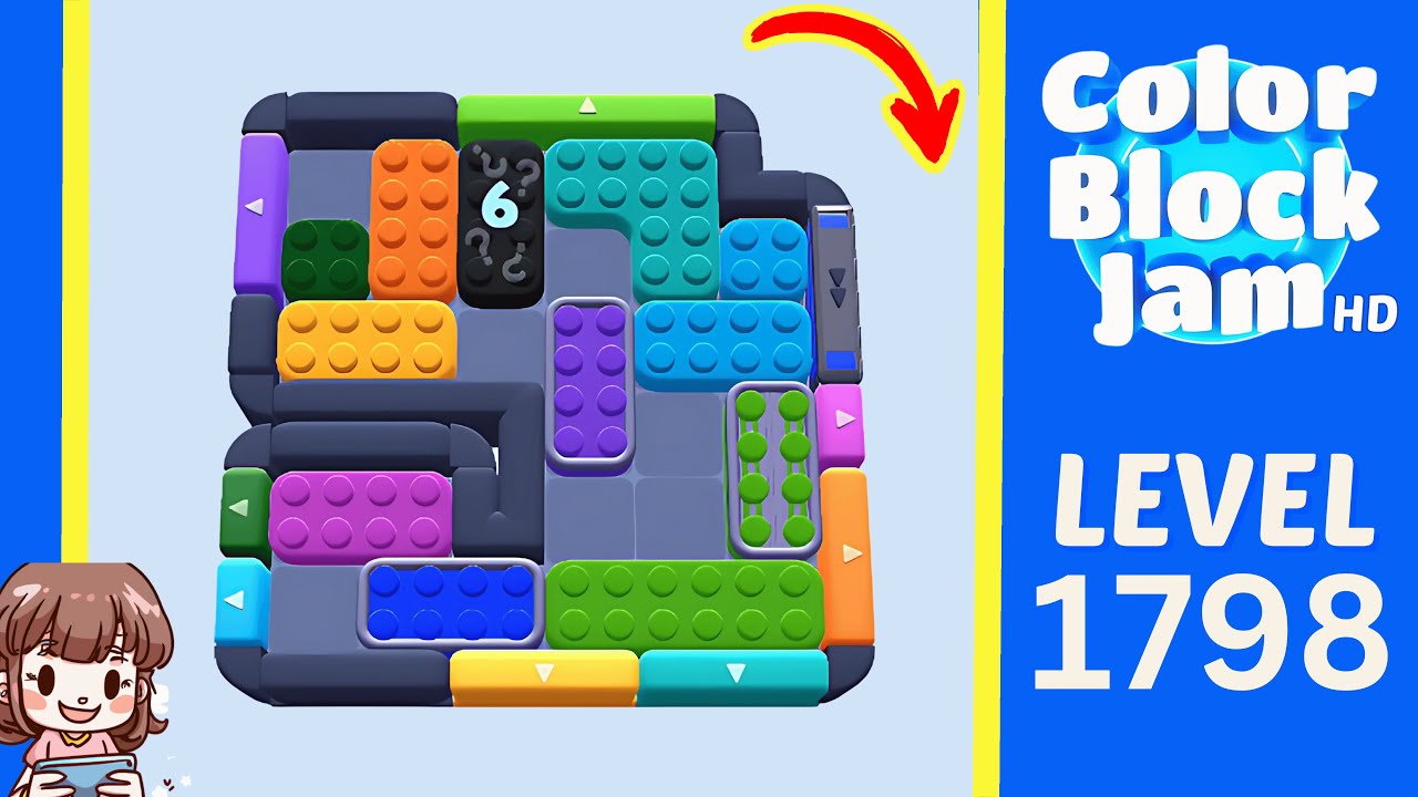Color Block Jam Level 895 historical Level 1798 board mapped by the source title to current Level 895, with a green top lane, cyan left and center blocks, orange upper blockers, black right-side counter 6, and blue/purple lower pieces opening frame