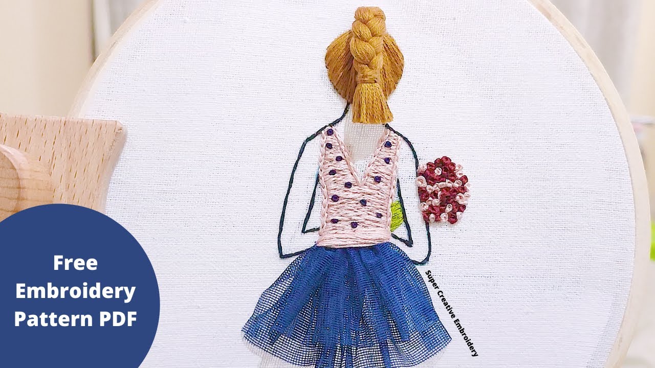 Girl and Hair Embroidery Hoop with Free Pattern /Girl Embroidery with Hair Art Tutorial fr
