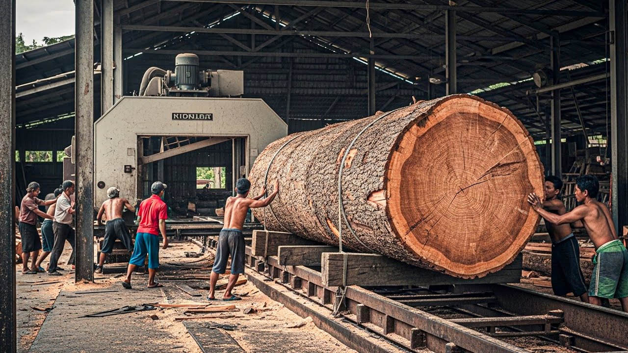 Cutting Giant Mahogany Log: Precision Sawmill Process & Expensive Wood ...