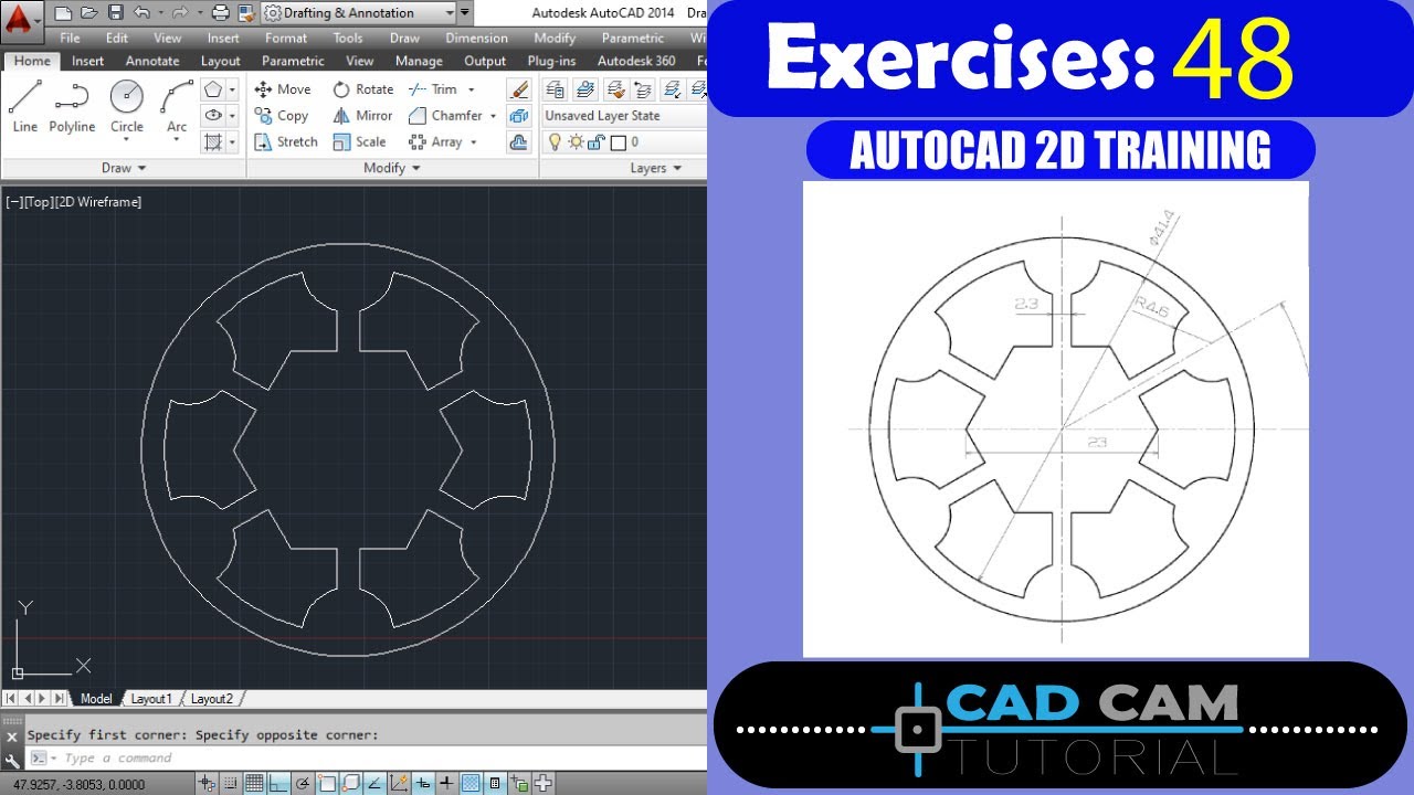 Autocad 2D Practice Drawing / Exercise 48/ Simple Tutorial - YouTube